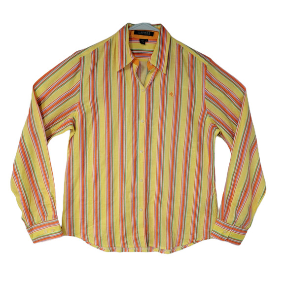 Ralph Lauren Women's Striped Button-Down Linen Shirt Long Sleeves Yellow Size S - Picture 2 of 5